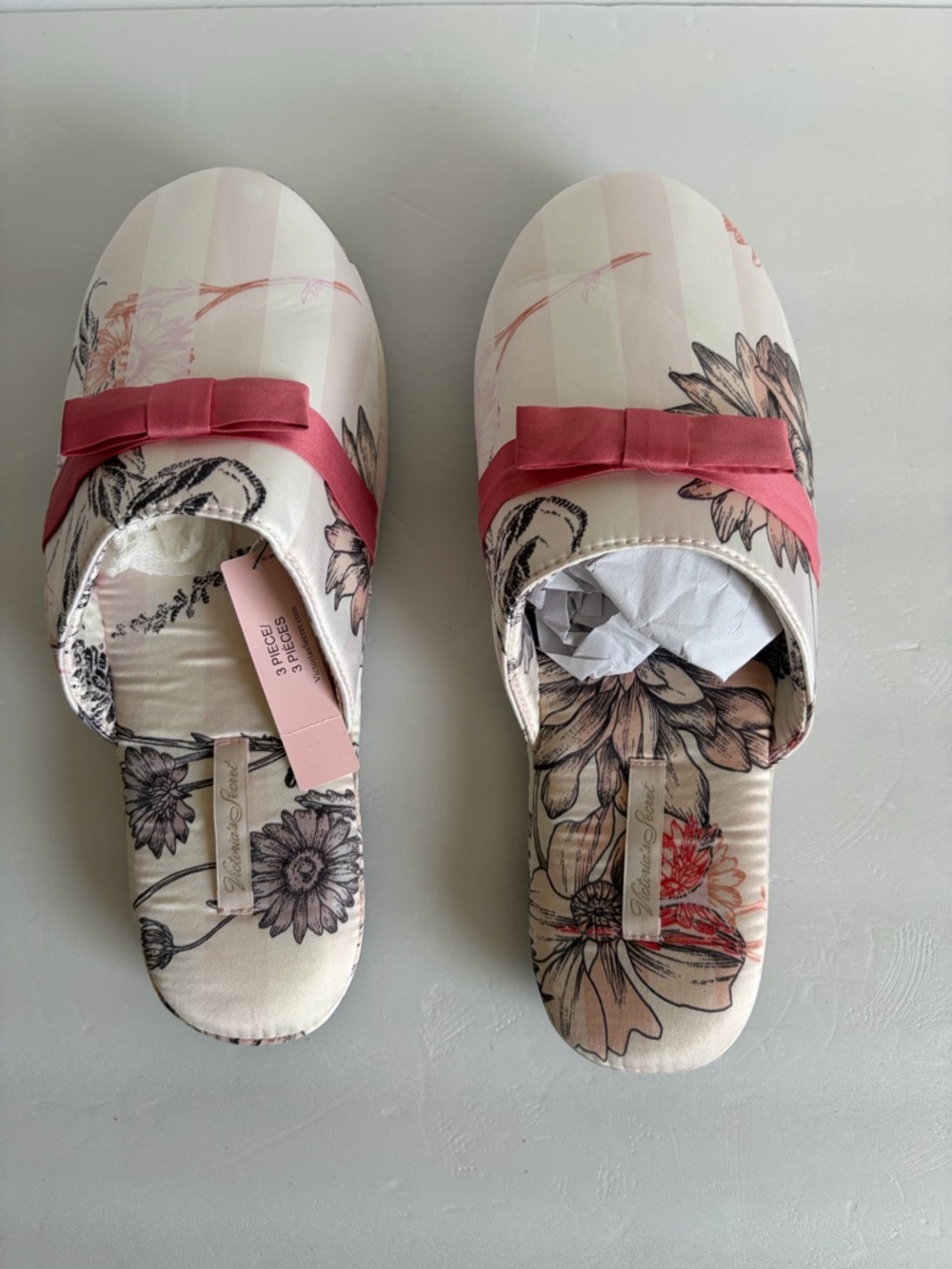 Victoria's Secret Floral Satin Slide Slippers with Rose Bow